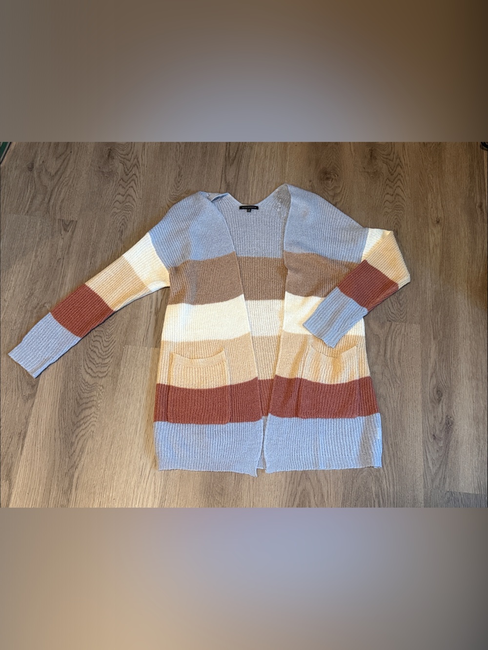 Staccato Open-Front Striped Cardigan in Blue, Cream, Tan & Rust